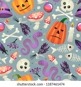 Seamless pattern with skull and decorative elements. Halloween