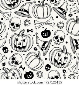 Seamless pattern with skull and decorative elements for Halloween. Can be used on packaging paper, fabric, background for different images, etc. Freehand drawing