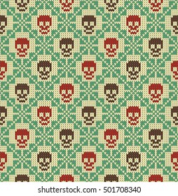 Seamless pattern with skull and ethnic mexican elements. Day of the dead, a traditional holiday in Mexico. For postcard or celebration design. Traditional Latin American patterns and ornaments