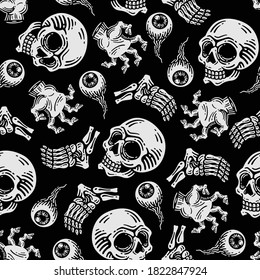 seamless pattern of skull, eyeball, leg bones, zombie hand in dark background. Vector Happy Halloween greeting card and trick or treat