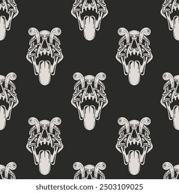 seamless pattern of a skull with eyes out and tongue sticking out black and white style