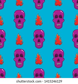 Seamless pattern with skull and flame. Halloween illustration