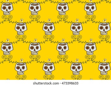 seamless pattern skull and flower on yellow background, vector illustration