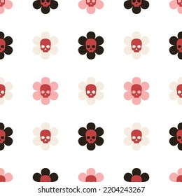 Seamless pattern with skull flower in retro groovy style.