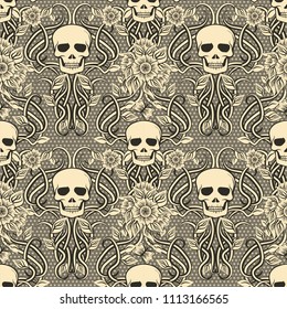 Seamless pattern with skull and flowers in art nouveau style, vector illustration