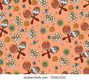  Seamless pattern with skull, flowers and ethnic elements.  Mexican day of the dead. 