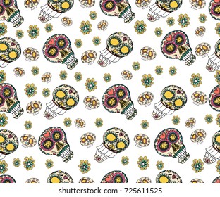  Seamless pattern with skull, flowers and ethnic elements.  Mexican day of the dead. 