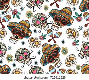  Seamless pattern with skull, flowers and ethnic elements.  Mexican day of the dead. 