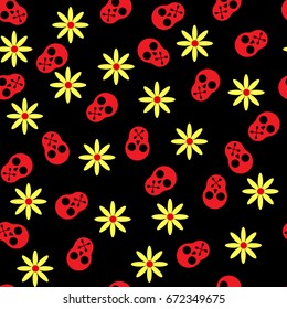 Seamless pattern of a skull with flowers on a black background