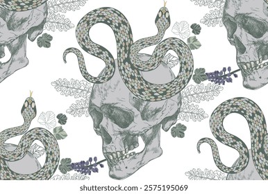 Seamless pattern skull with green decorative snakes and floral design on a transparent background, creating a unique and artistic design