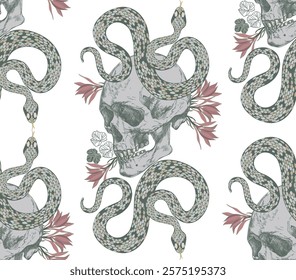 Seamless pattern with skull, green decorative snakes and floral pattern on a transparent background, creating a unique artistic design.