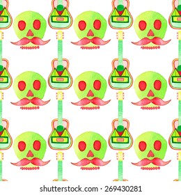 Seamless pattern with skull and guitar. Hand-drawn background. Vector illustration. Day of the dead
