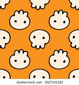 Seamless pattern of a skull for Halloween. Vector pattern of a cute white skull drawn in doodle style with dot eyes and a black outline on an orange background for a Halloween holiday design template