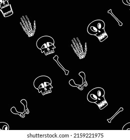 seamless pattern of skull, hand bones, leg bones in dark background. Vector Happy Halloween greeting card and trick or treat