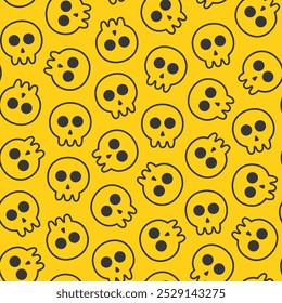 Seamless pattern of skull head in black outline style with yellow background, suitable for designing textiles, clothes, fabric, fashion, wrapping paper and others
