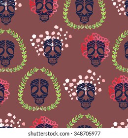 Seamless pattern with skull head and floral elements.