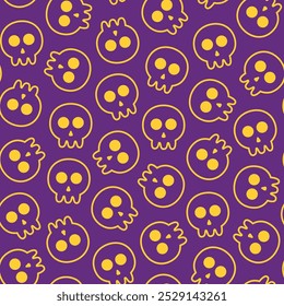 seamless pattern of a skull head with a yellow outline style on a purple background, suitable for designing textiles, clothes, fabric, fashion, wrapping paper and others