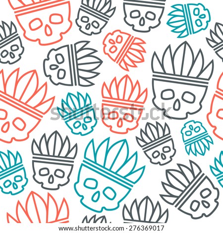 Seamless pattern skull in headdress  redskin. Color print on white background