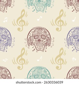 Seamless pattern skull with headphones and music notes.