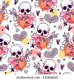 Seamless pattern with skull and heart. Freehand drawing