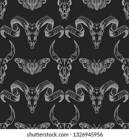 Seamless pattern. Skull with horns among the dead head moths. Skull ram. Vector illustration. Isolated on black background. Print for Halloween.