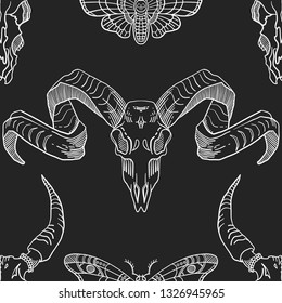 Seamless pattern. Skull with horns among the dead head moths. Vector illustration. Isolated on black background. Print for Halloween.