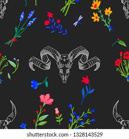 Seamless pattern. Skull with horns among the flowers. Beautiful wildflowers. Skull ram. Vector illustration. Print for Halloween.