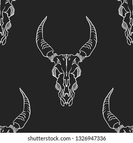 Seamless pattern. Skull with horns. Bull skull. Vector illustration. Isolated on black background. For Halloween and more.