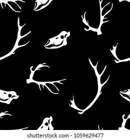 Seamless pattern. Skull and horns of a deer. Great for print on a T-shirt. Ideal for decoration of Halloween and the Day of the Dead.