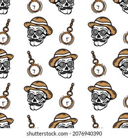 seamless pattern skull and hypnotic glasses   clock white background