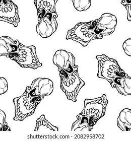 Seamless pattern of skull with large teeth. Vector illustration in cartoon style on a white background.