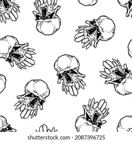 Seamless pattern of skull with large teeth. Vector illustration in cartoon style on a white background EPS 10