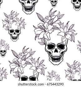 Seamless pattern Skull and lily flower. Seamless background for print on fabric or t-shirt.