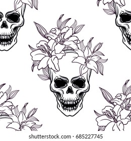 Seamless pattern Skull and lily flower. Seamless background for print on fabric or t-shirt.