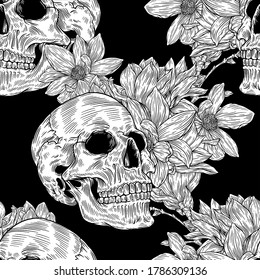 Seamless pattern with skull and with magnolia flower in black background. Vector illustration.