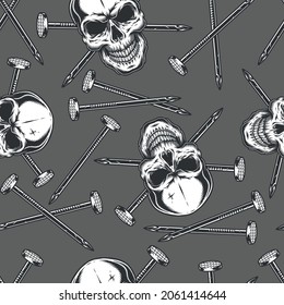 Seamless pattern of skull and metal nails in vintage monochrome style vector illustration