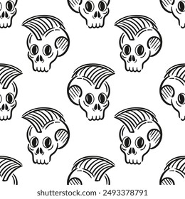 Seamless pattern Skull with mohawk, punk. Cool Vector hard rock illustration. Informal subculture, freak. sketch drawing. Heavy metal, Music. For for music festival, wallpaper, background