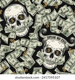 Seamless pattern with skull, money, pile of 100 dollar bills, dollar sign. Creative interpretation of Three wise monkeys concept. Text Speak no evil, mouth full of cash. Corruption concept