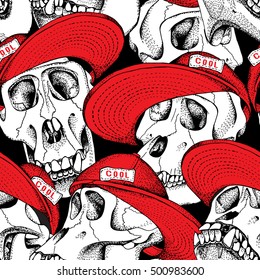 Seamless pattern. Skull of monkey in a red cap on a black background. Vector illustration.