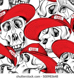 Seamless pattern. Skull of monkey in a red cap on a white background. Vector illustration.