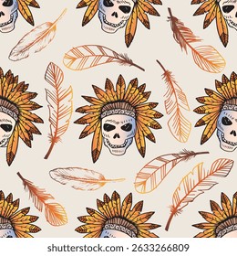 Seamless pattern with skull  native American headdress and feathers. Vector illustration.