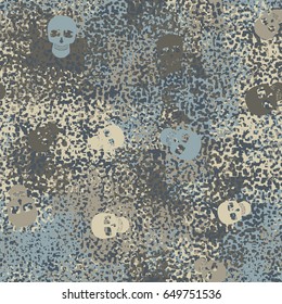 Seamless pattern. The skull on the background of a camouflage pattern. Brutal background. Gray-blue, beige.