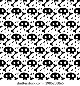 Seamless pattern with skull on black and white background. Skull seamless pattern background white black vector. Freehand drawing. Vector illustration.