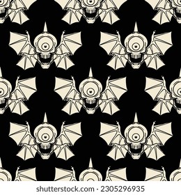 seamless pattern of a skull with one eye and bat wings