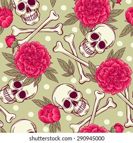 seamless pattern with skull and peonies.