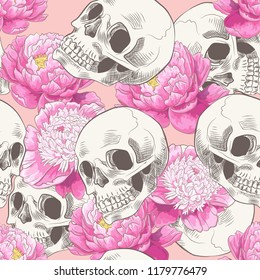 Seamless pattern with skull and peony