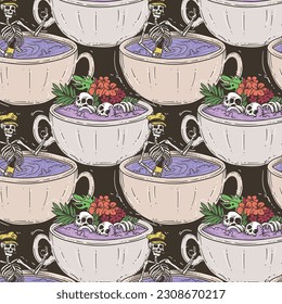 Seamless pattern with skull in a pot of poison. Vector illustration