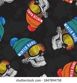 Seamless pattern of a skull ready to ride ski and seamless pattern of a tie dye background. Vector illustration