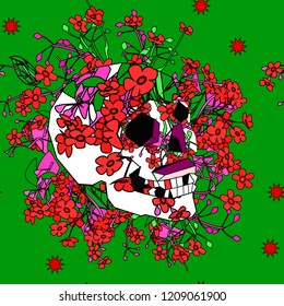 Seamless pattern with skull, red flowers , green leaves