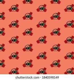 Seamless pattern skull with rose design on orange background